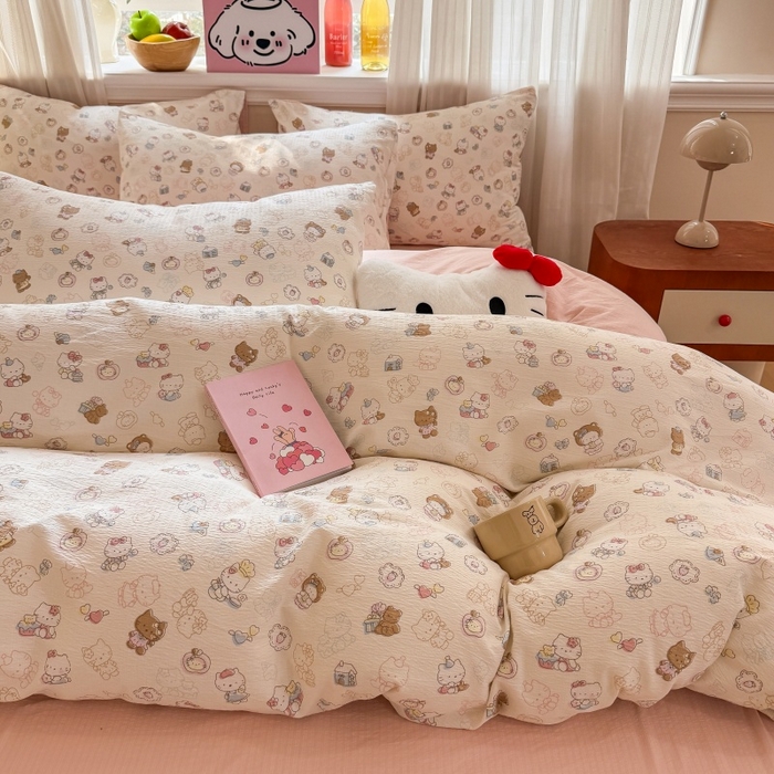 91家纺网 家纺一手货源 找家纺 鑫佳居 2026新款水洗针织提花双层纱四件套 软萌KT猫