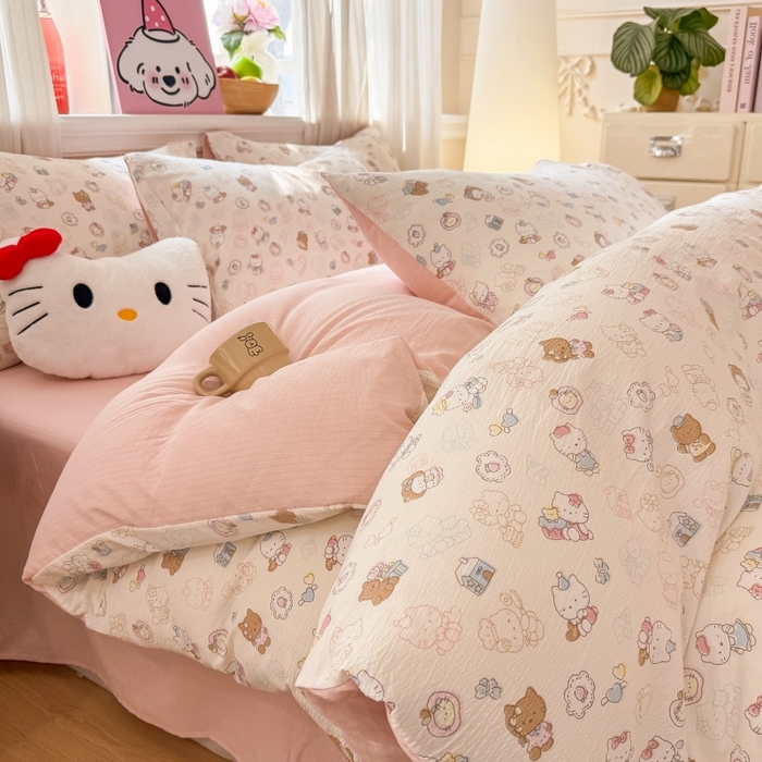 91家纺网 家纺一手货源 找家纺 鑫佳居 2026新款水洗针织提花双层纱四件套 软萌KT猫