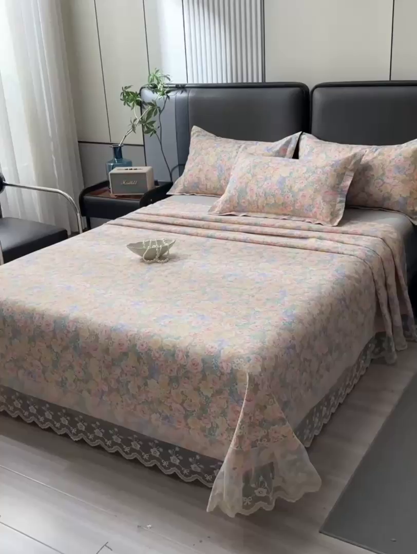 91家纺网 家纺一手货源 找家纺 星窝家纺 2026新款花边老粗布凉席三件套 阳春之歌