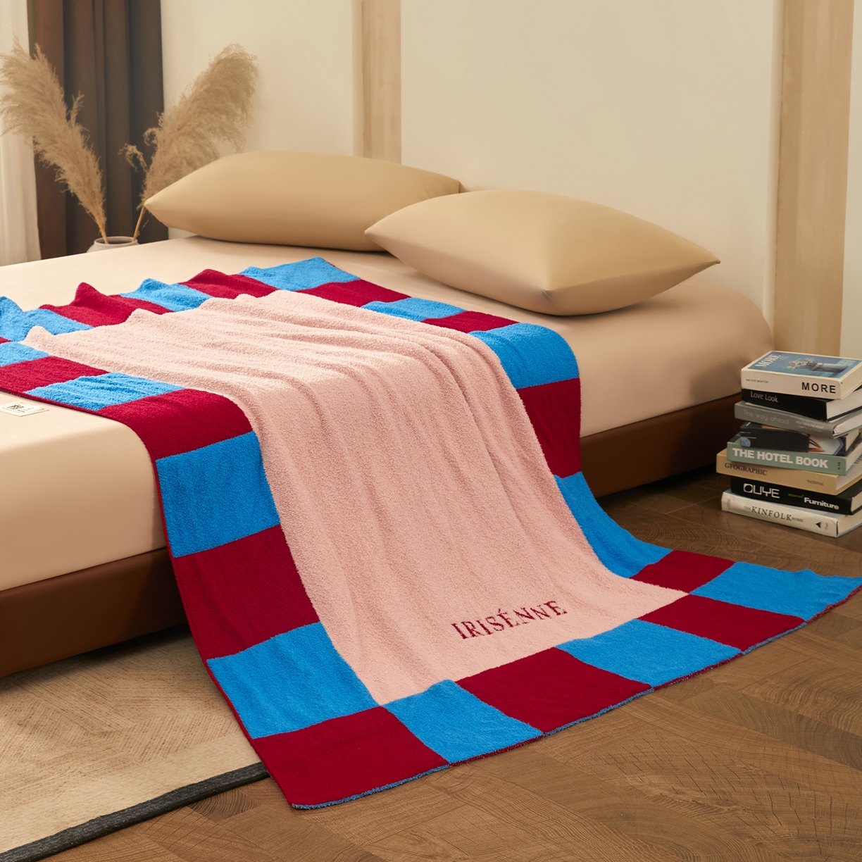 91家纺网 家纺一手货源 找家纺 航途席业 2026新款半边绒毛毯毯子 格间红蓝