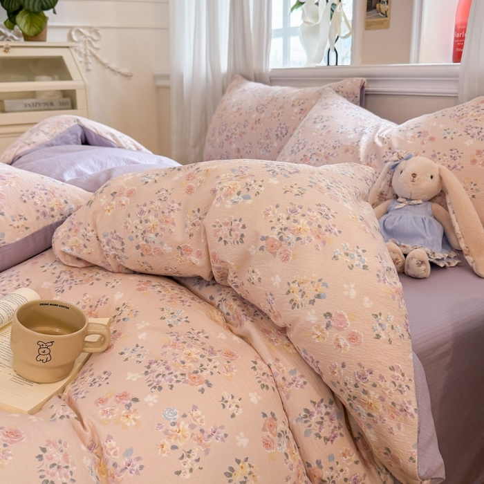 91家纺网 家纺一手货源 找家纺 鑫佳居 2026新款水洗针织提花双层纱四件套 浅夏繁花