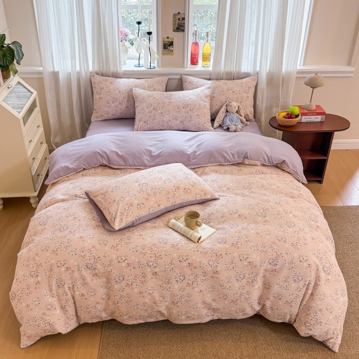 91家纺网 家纺一手货源 找家纺 鑫佳居 2026新款水洗针织提花双层纱四件套 浅夏繁花