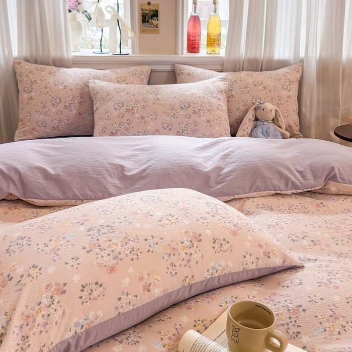 91家纺网 家纺一手货源 找家纺 鑫佳居 2026新款水洗针织提花双层纱四件套 浅夏繁花