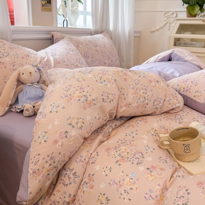 91家纺网 家纺一手货源 找家纺 鑫佳居 2026新款水洗针织提花双层纱四件套 浅夏繁花