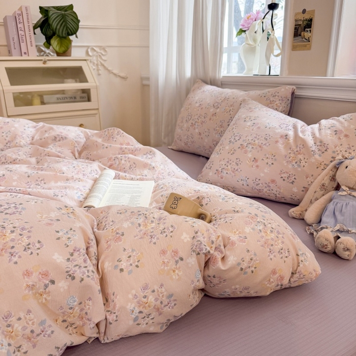 91家纺网 家纺一手货源 找家纺 鑫佳居 2026新款水洗针织提花双层纱四件套 浅夏繁花