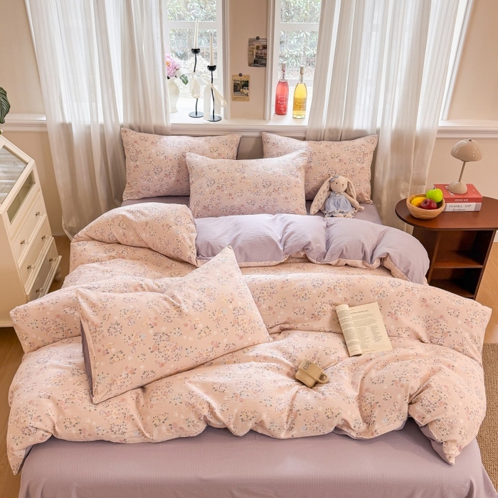 91家纺网 家纺一手货源 找家纺 鑫佳居 2026新款水洗针织提花双层纱四件套 浅夏繁花