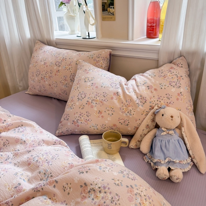 91家纺网 家纺一手货源 找家纺 鑫佳居 2026新款水洗针织提花双层纱四件套 浅夏繁花