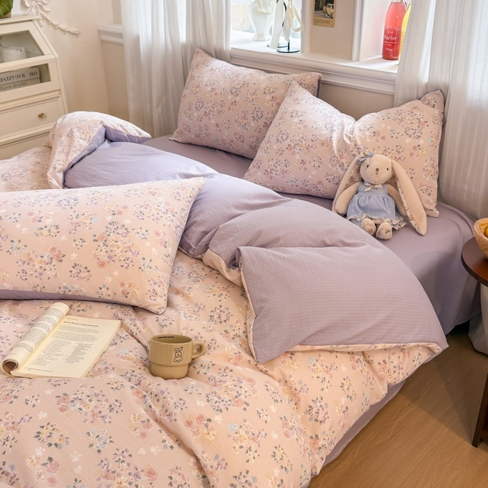 91家纺网 家纺一手货源 找家纺 鑫佳居 2026新款水洗针织提花双层纱四件套 浅夏繁花