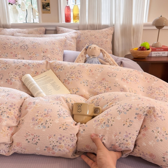 91家纺网 家纺一手货源 找家纺 鑫佳居 2026新款水洗针织提花双层纱四件套 浅夏繁花