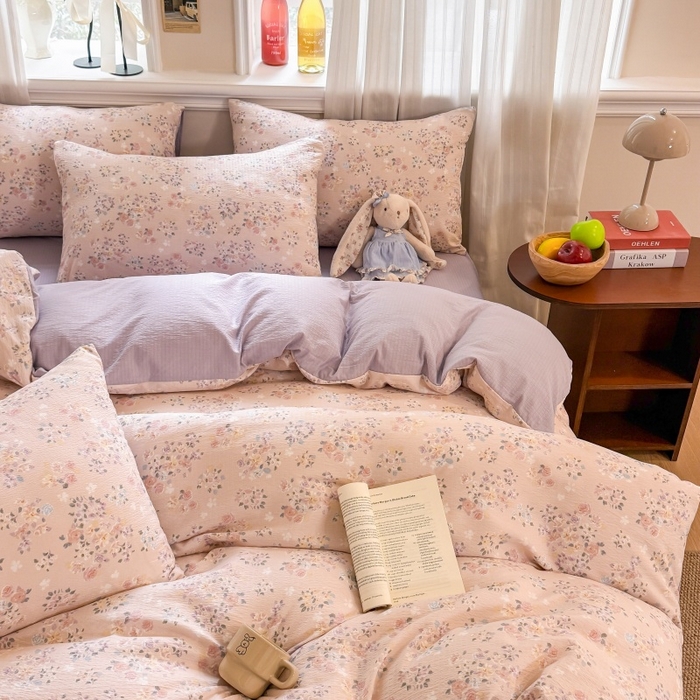 91家纺网 家纺一手货源 找家纺 鑫佳居 2026新款水洗针织提花双层纱四件套 浅夏繁花