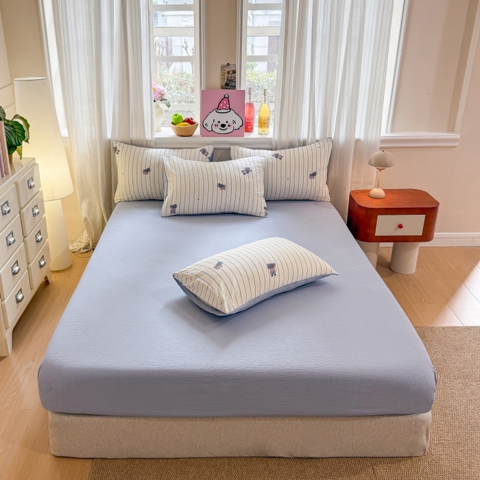 91家纺网 家纺一手货源 找家纺 鑫佳居 2026新款水洗针织提花双层纱四件套 软萌小象