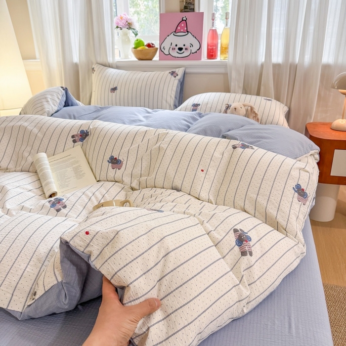 91家纺网 家纺一手货源 找家纺 鑫佳居 2026新款水洗针织提花双层纱四件套 软萌小象