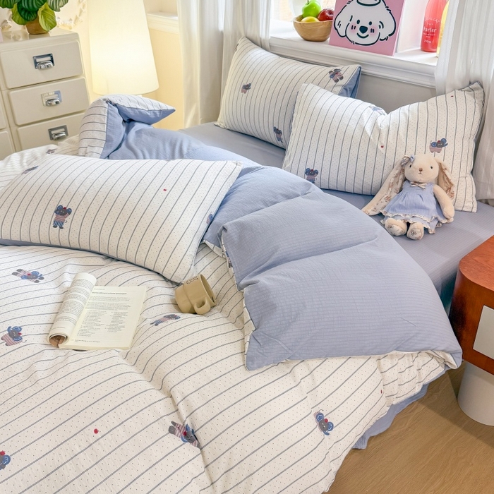 91家纺网 家纺一手货源 找家纺 鑫佳居 2026新款水洗针织提花双层纱四件套 软萌小象