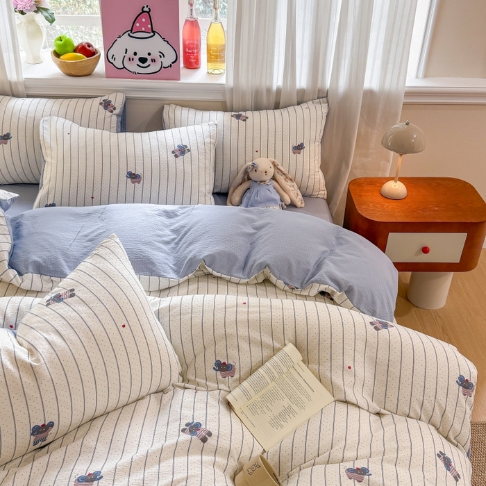 91家纺网 家纺一手货源 找家纺 鑫佳居 2026新款水洗针织提花双层纱四件套 软萌小象