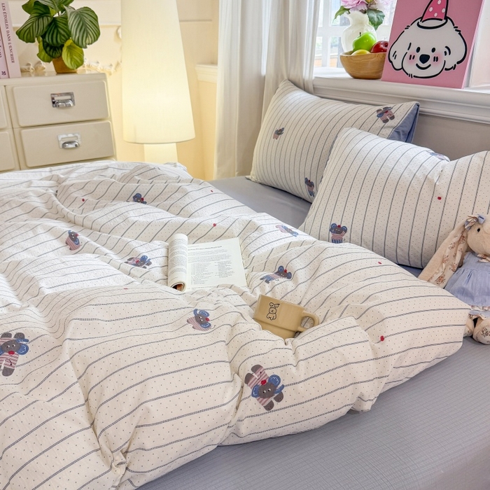 91家纺网 家纺一手货源 找家纺 鑫佳居 2026新款水洗针织提花双层纱四件套 软萌小象