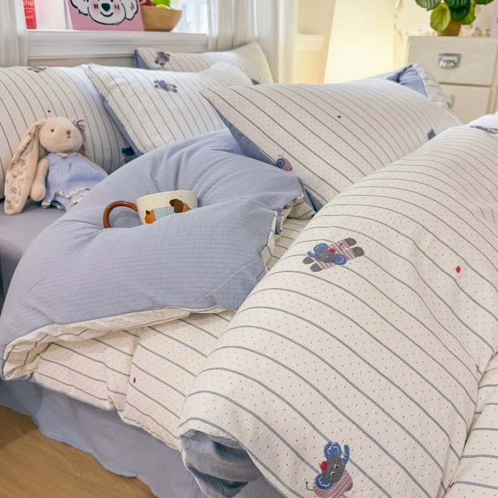 91家纺网 家纺一手货源 找家纺 鑫佳居 2026新款水洗针织提花双层纱四件套 软萌小象