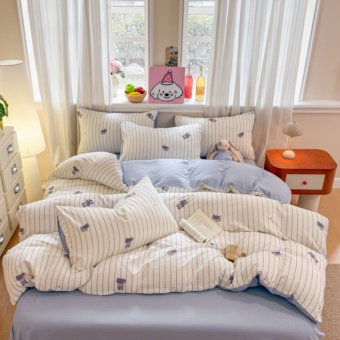 91家纺网 家纺一手货源 找家纺 鑫佳居 2026新款水洗针织提花双层纱四件套 软萌小象