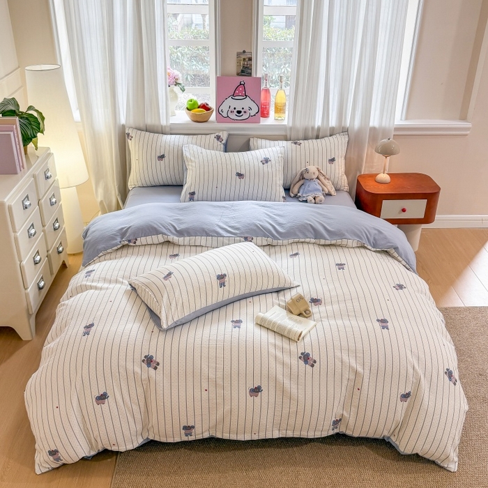 91家纺网 家纺一手货源 找家纺 鑫佳居 2026新款水洗针织提花双层纱四件套 软萌小象