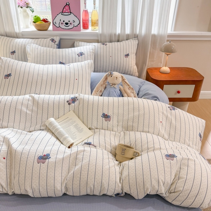 91家纺网 家纺一手货源 找家纺 鑫佳居 2026新款水洗针织提花双层纱四件套 软萌小象