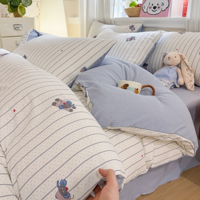 91家纺网 家纺一手货源 找家纺 鑫佳居 2026新款水洗针织提花双层纱四件套 软萌小象