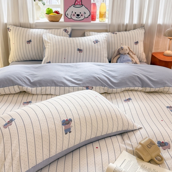 91家纺网 家纺一手货源 找家纺 鑫佳居 2026新款水洗针织提花双层纱四件套 软萌小象