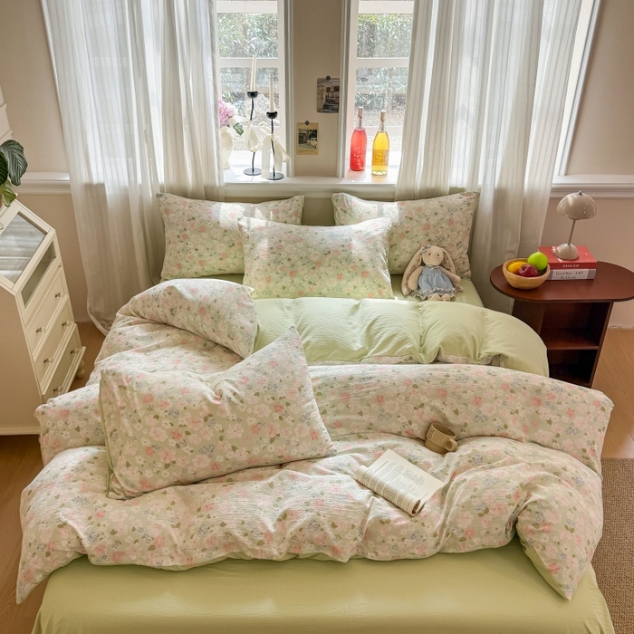 91家纺网 家纺一手货源 找家纺 鑫佳居 2026新款水洗针织提花双层纱四件套 青提漫花