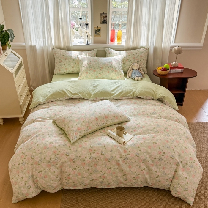 91家纺网 家纺一手货源 找家纺 鑫佳居 2026新款水洗针织提花双层纱四件套 青提漫花