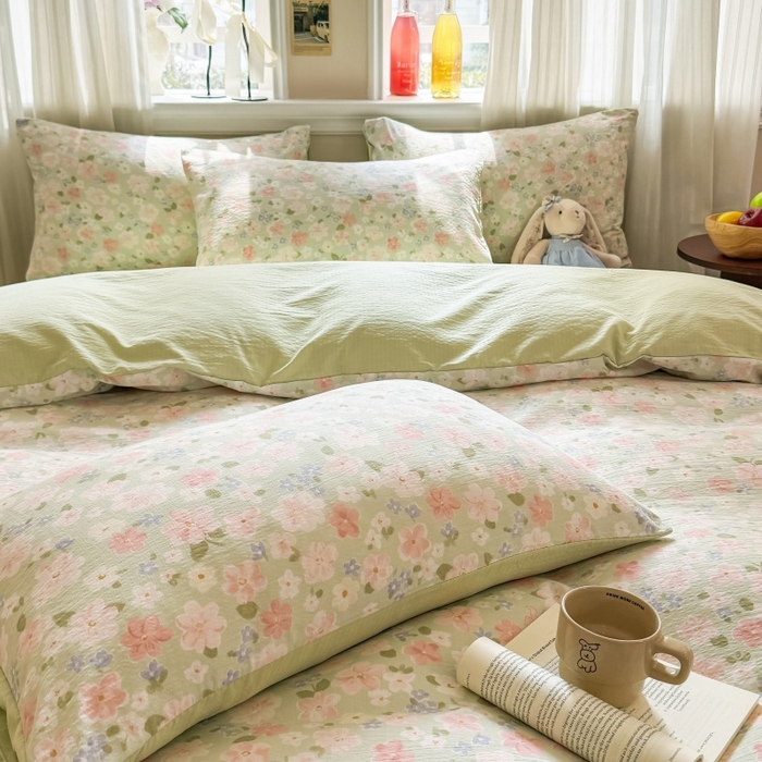 91家纺网 家纺一手货源 找家纺 鑫佳居 2026新款水洗针织提花双层纱四件套 青提漫花