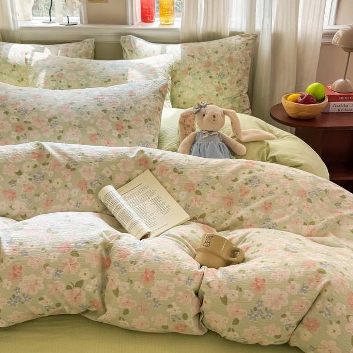 91家纺网 家纺一手货源 找家纺 鑫佳居 2026新款水洗针织提花双层纱四件套 青提漫花