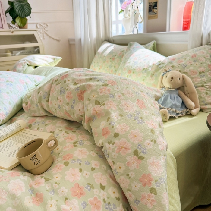 91家纺网 家纺一手货源 找家纺 鑫佳居 2026新款水洗针织提花双层纱四件套 青提漫花