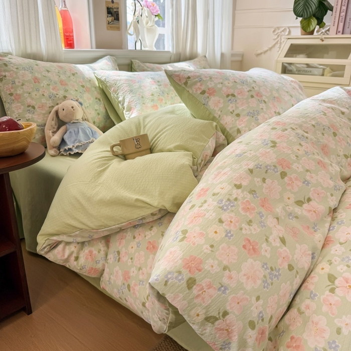 91家纺网 家纺一手货源 找家纺 鑫佳居 2026新款水洗针织提花双层纱四件套 青提漫花