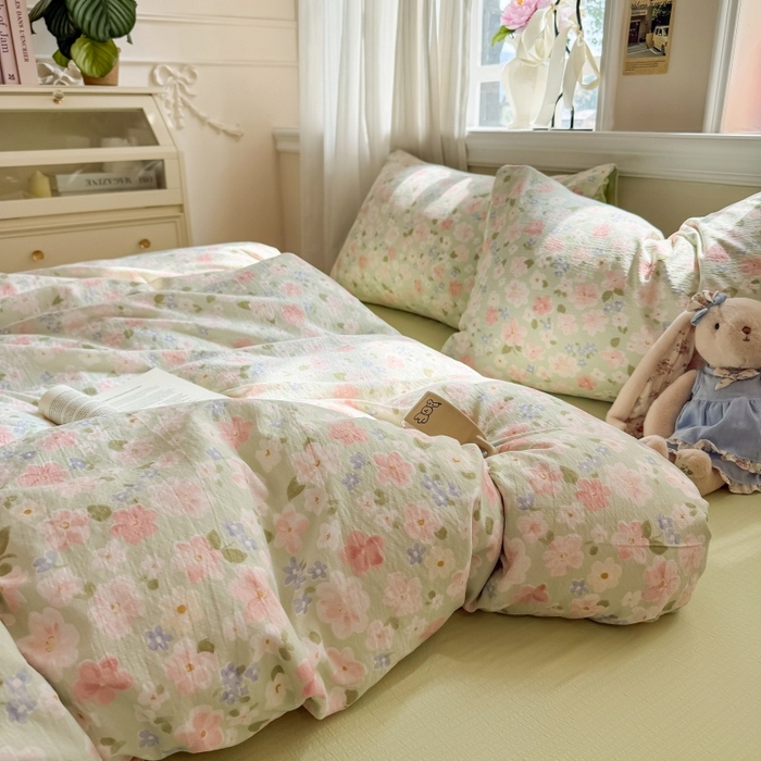 91家纺网 家纺一手货源 找家纺 鑫佳居 2026新款水洗针织提花双层纱四件套 青提漫花