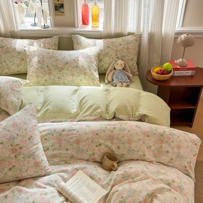 91家纺网 家纺一手货源 找家纺 鑫佳居 2026新款水洗针织提花双层纱四件套 青提漫花