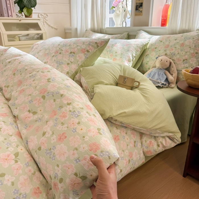 91家纺网 家纺一手货源 找家纺 鑫佳居 2026新款水洗针织提花双层纱四件套 青提漫花