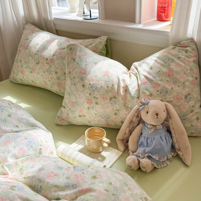 91家纺网 家纺一手货源 找家纺 鑫佳居 2026新款水洗针织提花双层纱四件套 青提漫花