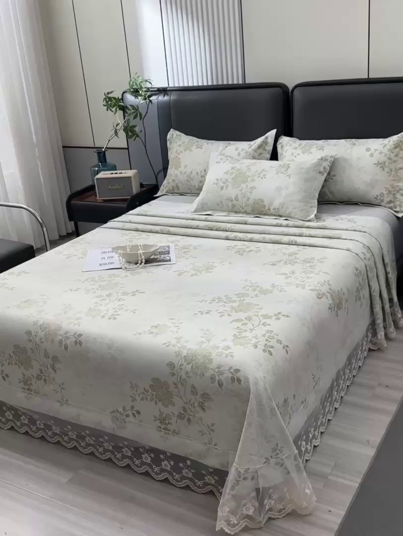 91家纺网 家纺一手货源 找家纺 星窝家纺 2026新款花边老粗布凉席三件套 香颂花影-绿