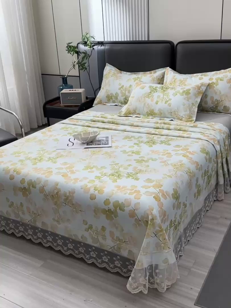 91家纺网 家纺一手货源 找家纺 星窝家纺 2026新款花边老粗布凉席三件套 宛若黎光-绿