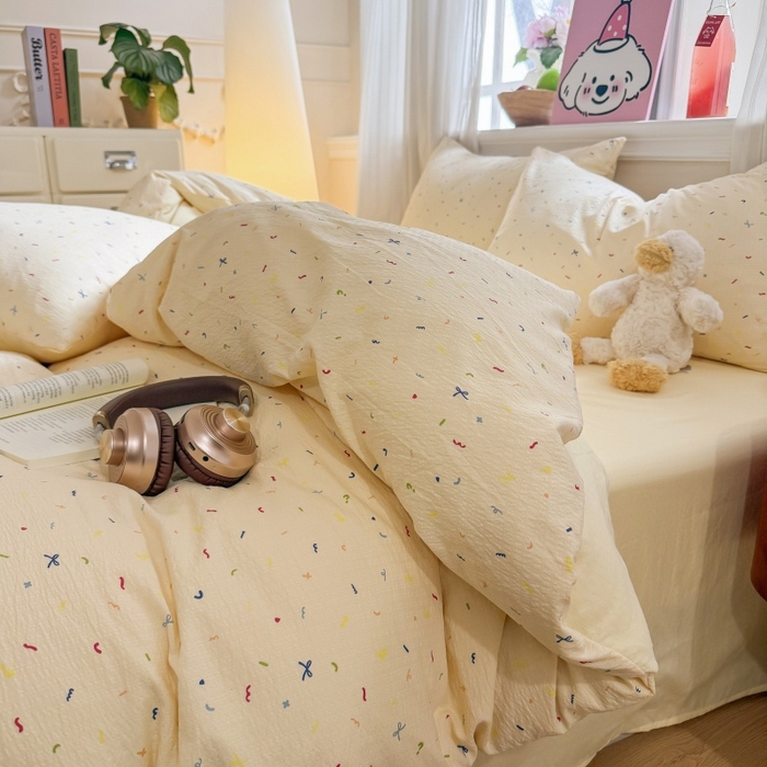 91家纺网 家纺一手货源 找家纺 鑫佳居 2026新款水洗针织提花双层纱四件套 奶油甜点