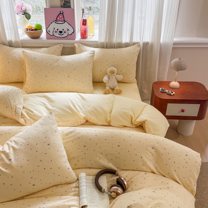 91家纺网 家纺一手货源 找家纺 鑫佳居 2026新款水洗针织提花双层纱四件套 奶油甜点