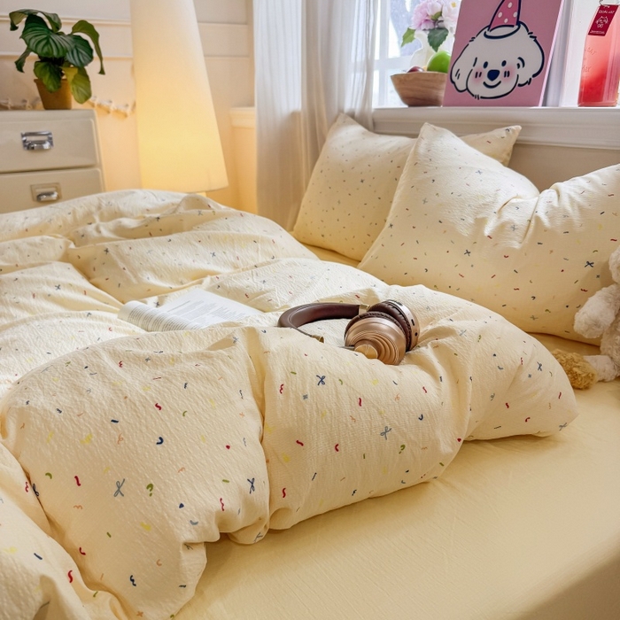 91家纺网 家纺一手货源 找家纺 鑫佳居 2026新款水洗针织提花双层纱四件套 奶油甜点