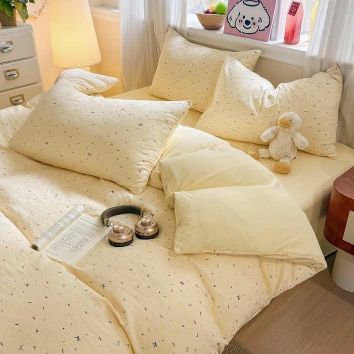 91家纺网 家纺一手货源 找家纺 鑫佳居 2026新款水洗针织提花双层纱四件套 奶油甜点