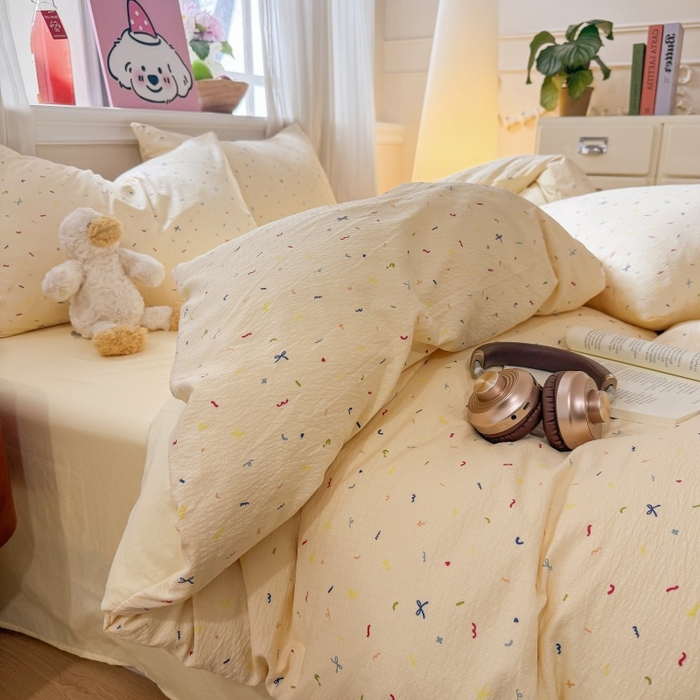 91家纺网 家纺一手货源 找家纺 鑫佳居 2026新款水洗针织提花双层纱四件套 奶油甜点