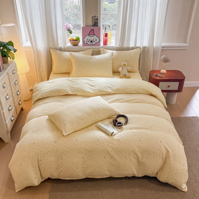 91家纺网 家纺一手货源 找家纺 鑫佳居 2026新款水洗针织提花双层纱四件套 奶油甜点