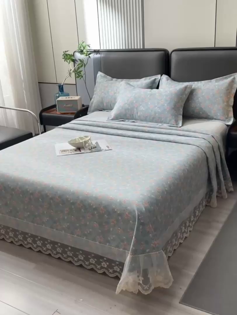 91家纺网 家纺一手货源 找家纺 星窝家纺 2026新款花边老粗布凉席三件套 山樱漫语-灰