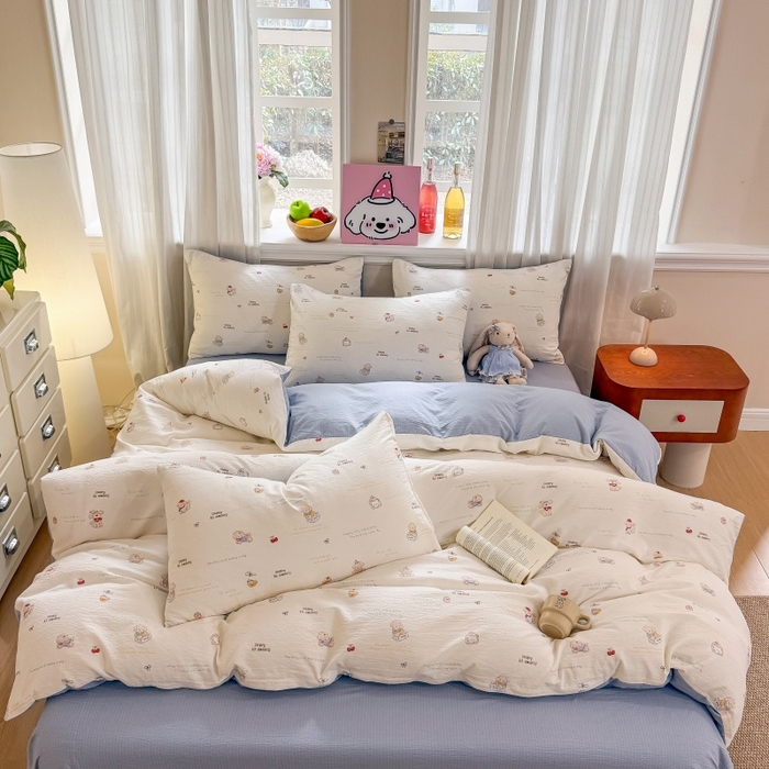 91家纺网 家纺一手货源 找家纺 鑫佳居 2026新款水洗针织提花双层纱四件套 奶油萌宠