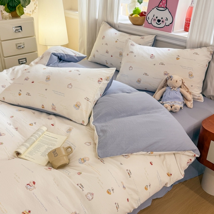 91家纺网 家纺一手货源 找家纺 鑫佳居 2026新款水洗针织提花双层纱四件套 奶油萌宠