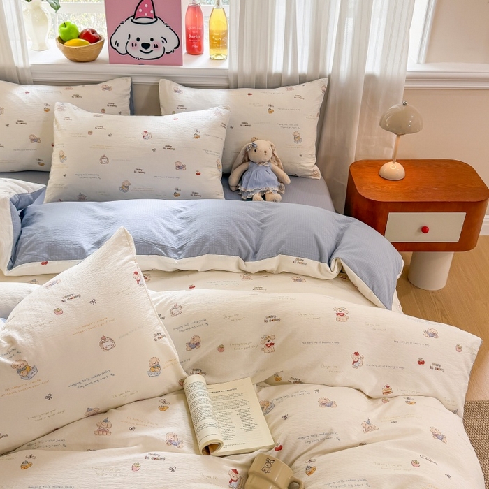 91家纺网 家纺一手货源 找家纺 鑫佳居 2026新款水洗针织提花双层纱四件套 奶油萌宠