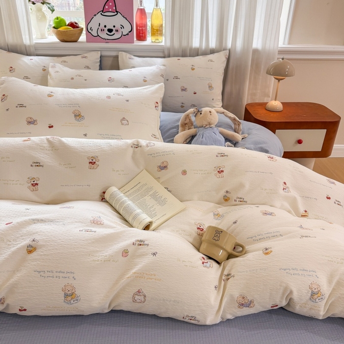 91家纺网 家纺一手货源 找家纺 鑫佳居 2026新款水洗针织提花双层纱四件套 奶油萌宠