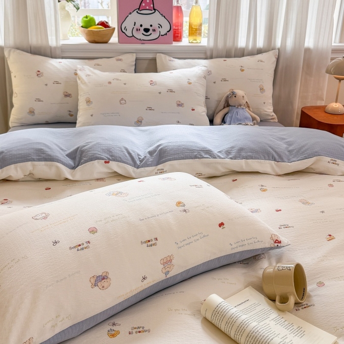 91家纺网 家纺一手货源 找家纺 鑫佳居 2026新款水洗针织提花双层纱四件套 奶油萌宠