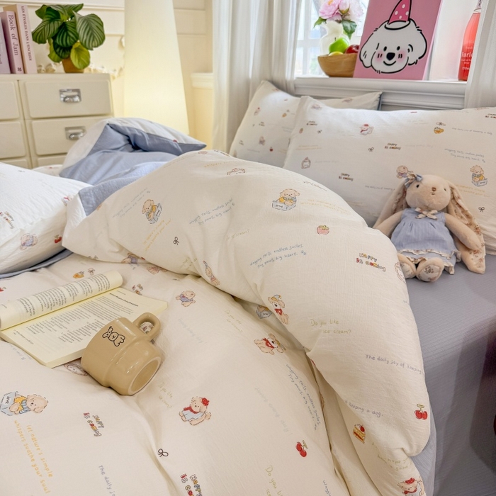 91家纺网 家纺一手货源 找家纺 鑫佳居 2026新款水洗针织提花双层纱四件套 奶油萌宠